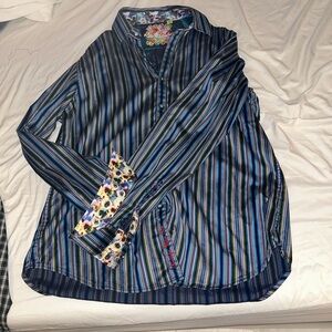 Robert Graham Blue and Green Striped Button Down Shirt